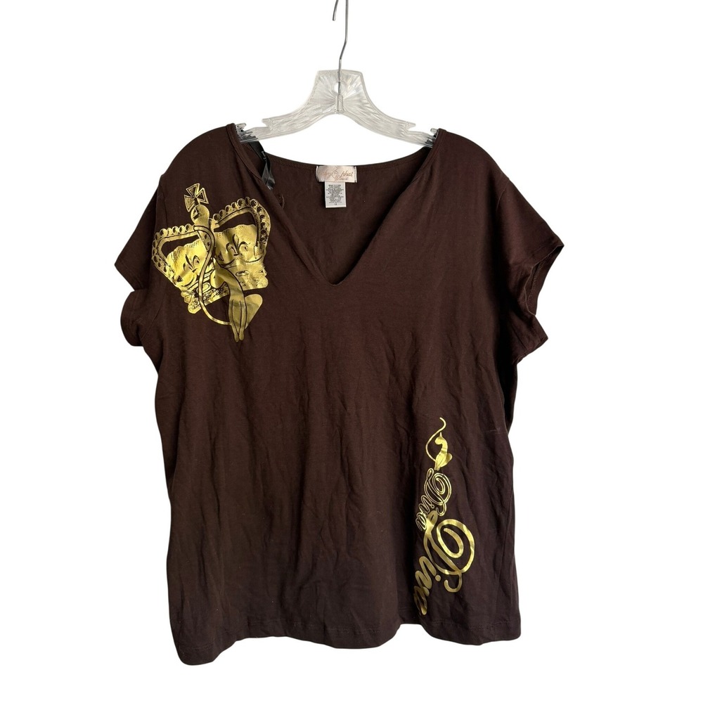 Baby Phat Womens 1X Brown Gold Foil Crown Diva V-Neck T-Shirt Y2K Vintage USA